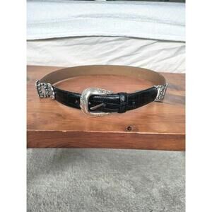 Vintage Fossil Black L Croc-Embossed Leather Belt - Ornate Hinged Silver Buckle